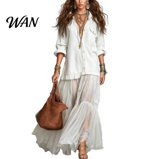 Stylish Women Sundress Women's Faux Denim Shirt Dress, Long Sleeve Mesh Patchwork Pleated Detail Dress Maxi Button Down Ruffle Sheer Printed