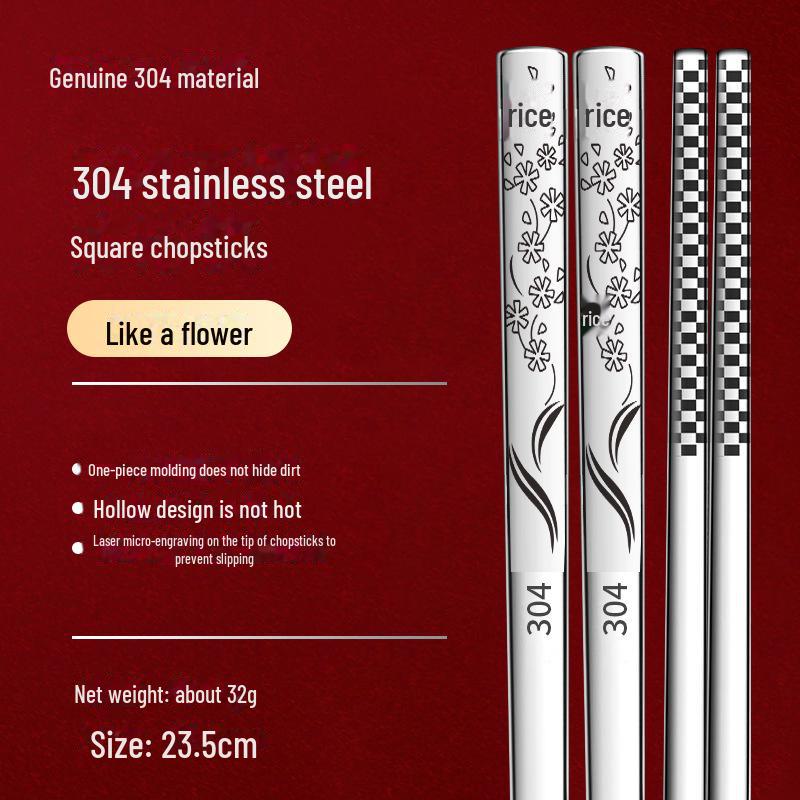 Essstäbchen-Set aus 316L Edelstahl, rutschfest, verbrühungssicher, quadratisch, für Hot Pot und Kinder