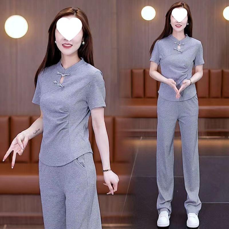 Chinese Casual Sports Suit for Women in Summer, Western-style National Style Buckle Top, Wide-leg Pants Two-piece Set