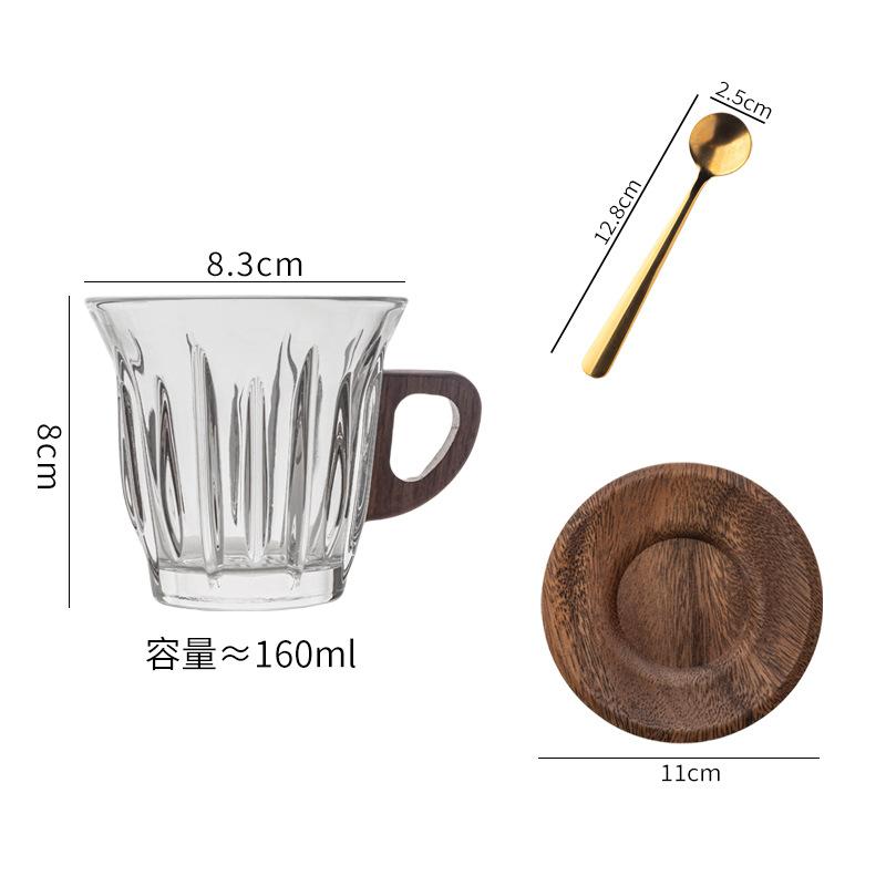 Glass Coffee Cup and Dish Set Wooden Handle Water Cups Wooden Dessert Plate Insulated Breakfast Cup Milk Tea Cups Milk Mug