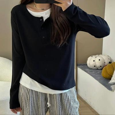 Damski T-shirt z długim rękawem, design niszowy, wczesnojesienny, kontrastowy kolor, luźna góra z koszulką bazową, dla kobiet z małym biustem, imitujący dwuczęściowy