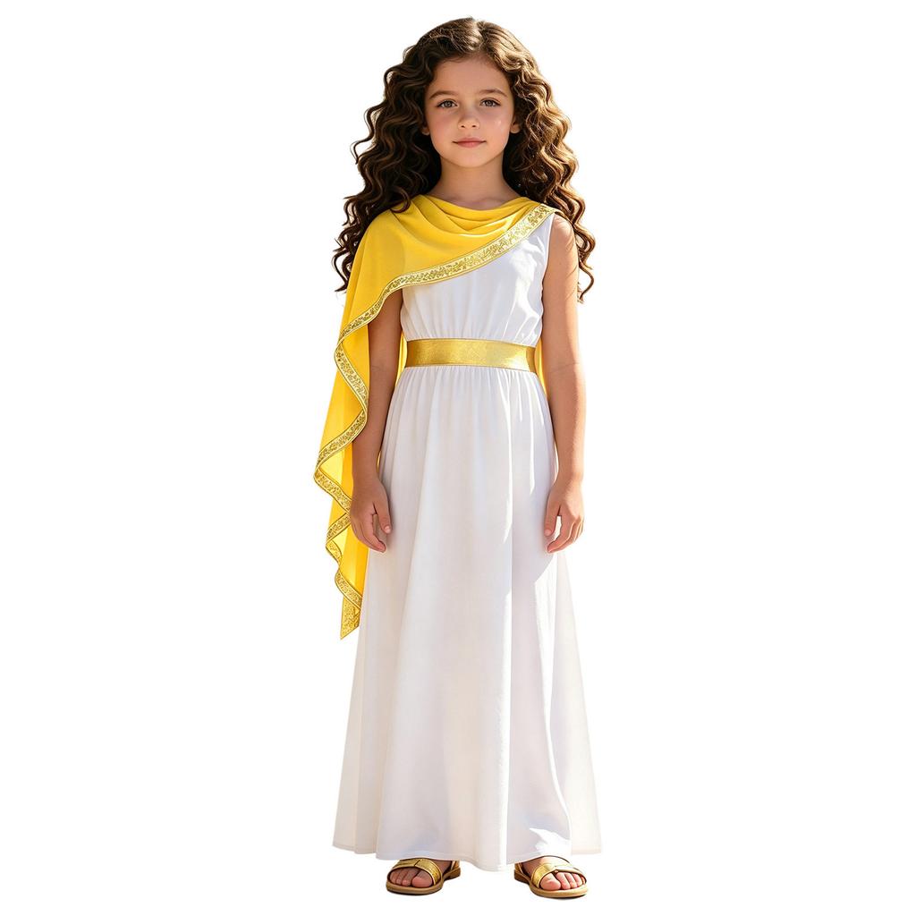Kids Girls Greek Toga Costume with Shawl Gold Trim Metallic Waist Sleeveless Back Zip Dress for Halloween Themed Cosplay
