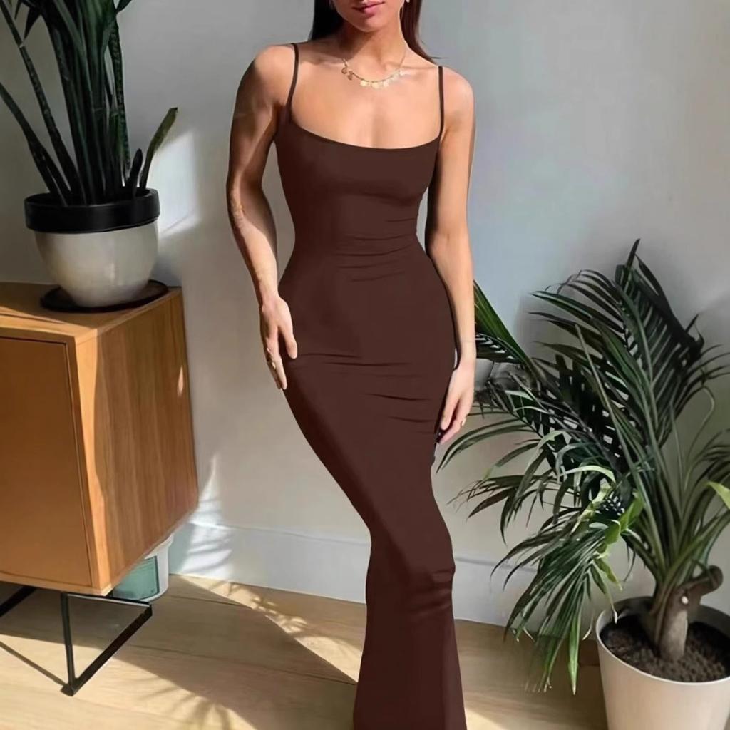 2026 solid color going out casual sleeveless high waist slim fit suspender sexy dress women's long skirt