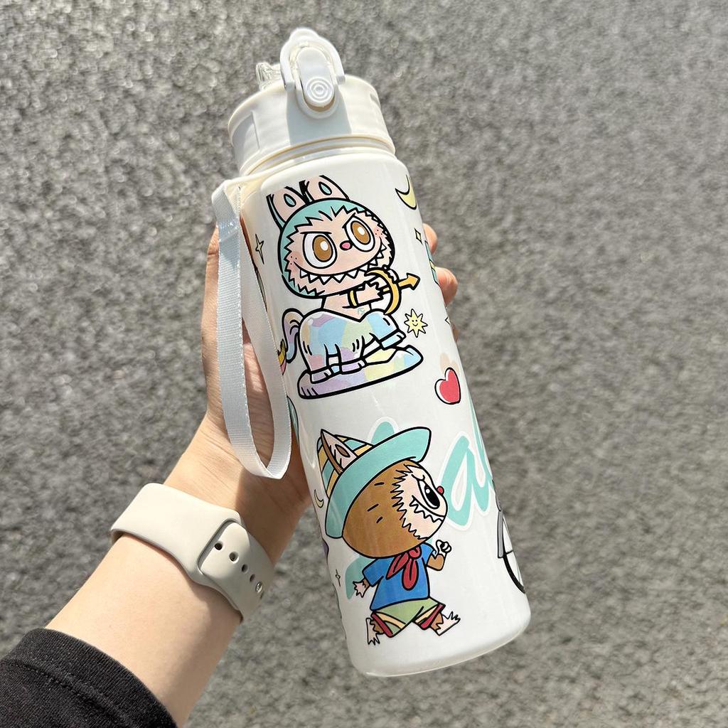 Labubu Cartoon Straw Water Cup for Kids with Lanyard