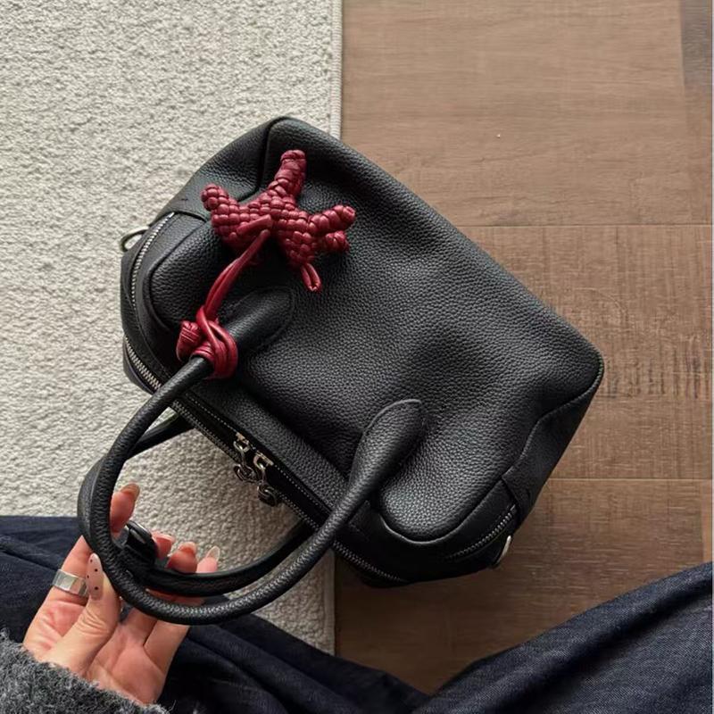 Spring Summer Lychee-pattern Handbag Fashion Solid Color Bowling Bag Multi Compartment Crossbody Bag Simple Versatile Boston Bag 23x13x15cm чёрный