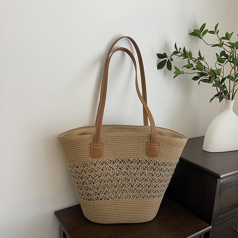 

Straw tote bag, new simple and versatile beach bag, holiday style, large-capacity woven bag, hollow bag хакі