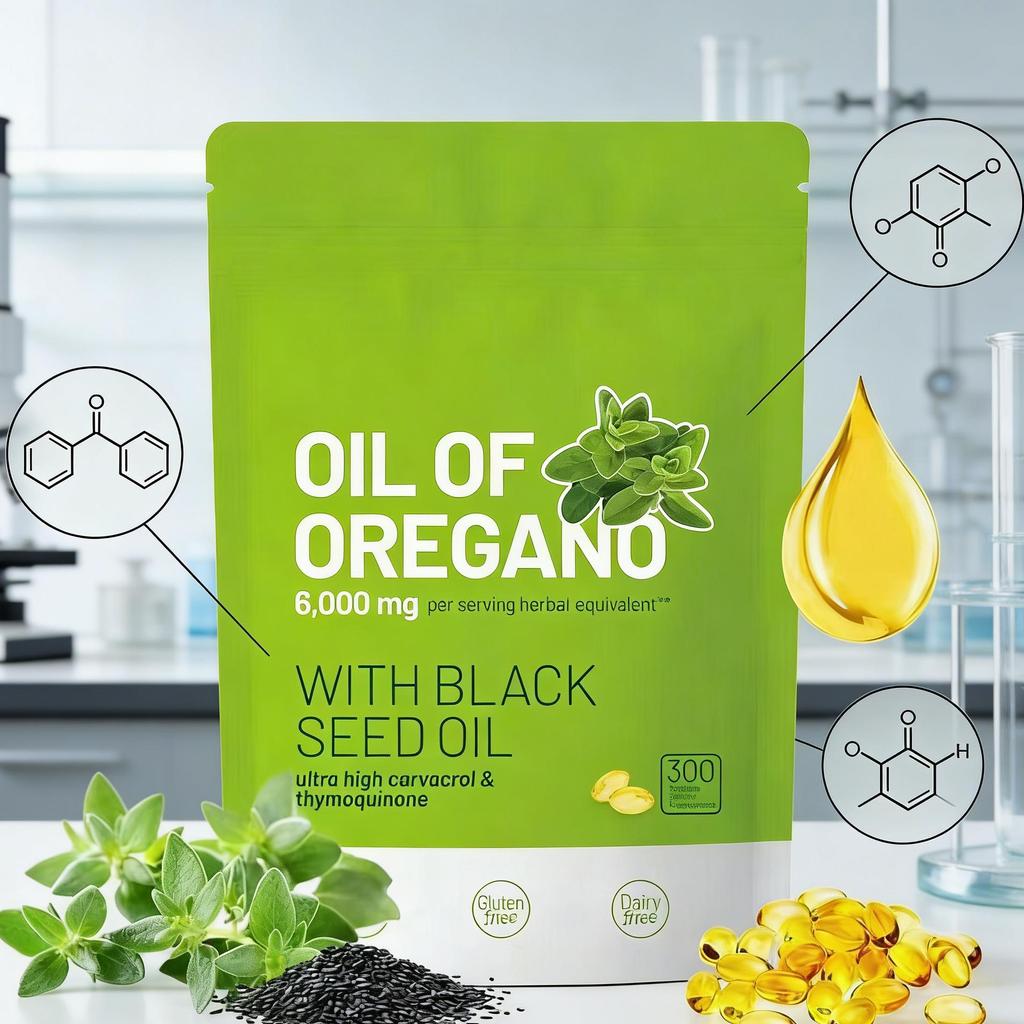 Olio di Origano Extra Forte con Olio di Semi di Cumino Nero | 300 Capsule | Supporto Tripla Azione: Salute immunitaria, antiossidante e respiratoria