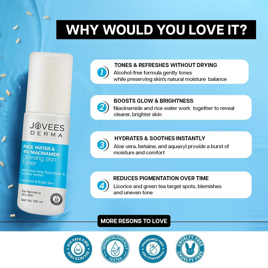 Jovees Derma 4% Niacinamid Reiswasser Toner Für Glass Skin Glow Feuchtigkeitsspendend Unreinheitenkontrolle Porenverfeinernder Nebel Normale Bis Trockene Haut 100ml