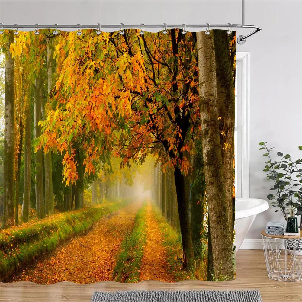 Beautiful Autumn Landscape Shower Curtain Forest Lake Fire Red Golden Leaves Nature Landscape Fabric Bath Curtain Bathroom Decor