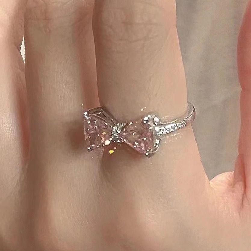 [Princess's Castle] Pink zircon bow ring female ins student niche senior sense index finger ring female