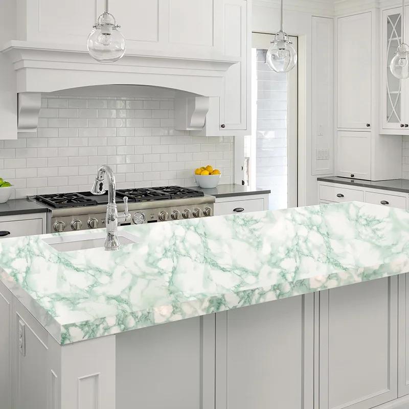 PVC Self-Adhesive Green Marble Wallpaper Waterproof Oil Resistant Furniture Decoration Kitchen Cabinets Drawers Renovation Film