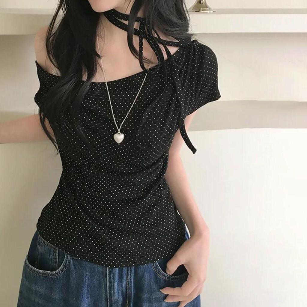 Korean Style Polka Dot Lace-up Off-Shoulder Short Sleeve T-shirt - Women's Trendy Summer Slimming Top