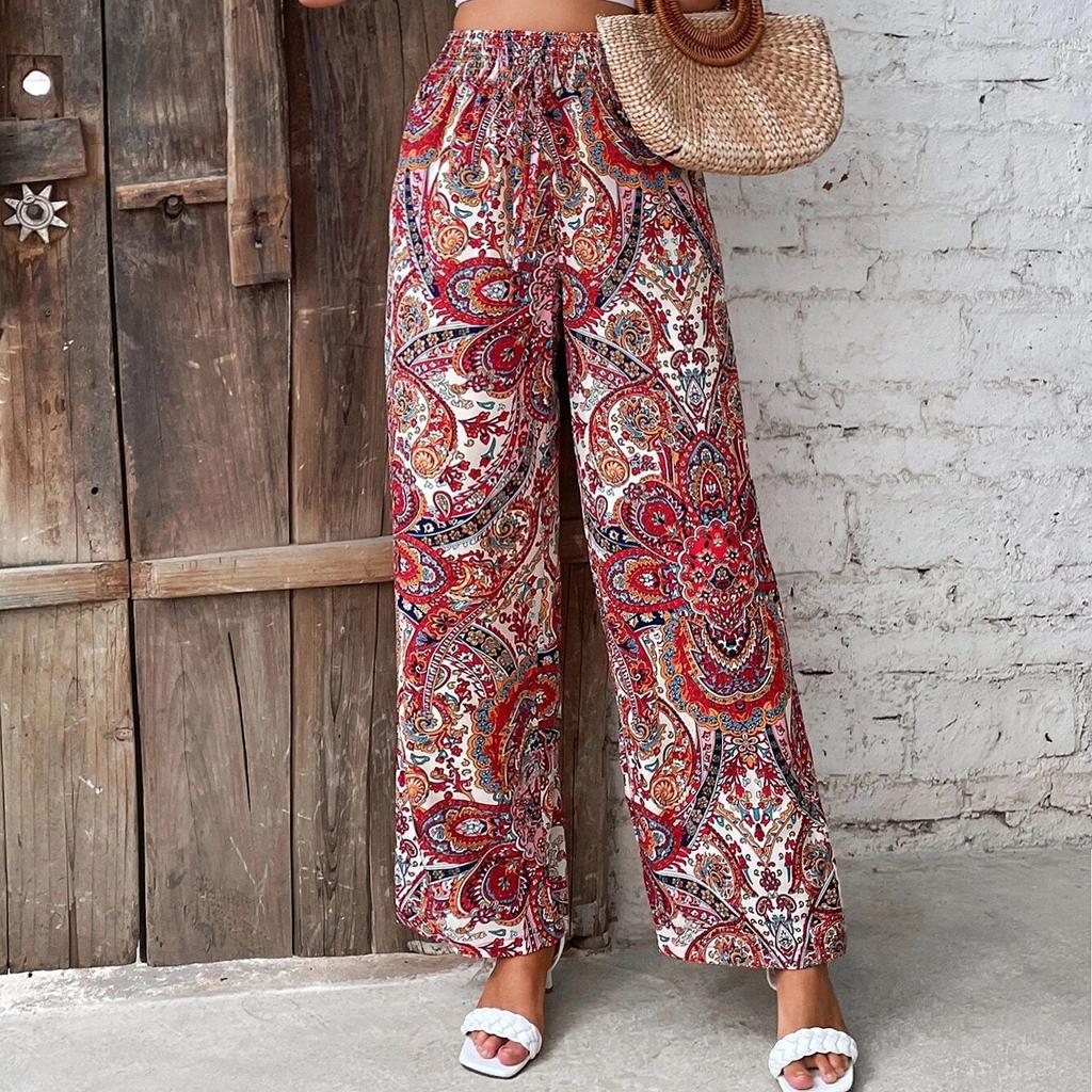 2026 New Women's Printed Wide Leg Pants, Elastic Waist Palazzo Pants for Summer, Trendy Flowy Casual & Vacation Bottoms