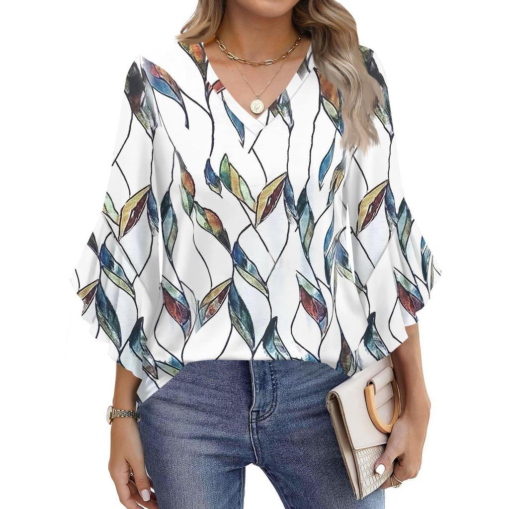 Women's Fashion Casual Seven-minute Sleeve Vintage Floral Print Top V-neck T-shirt Flared Sleeve Shirt