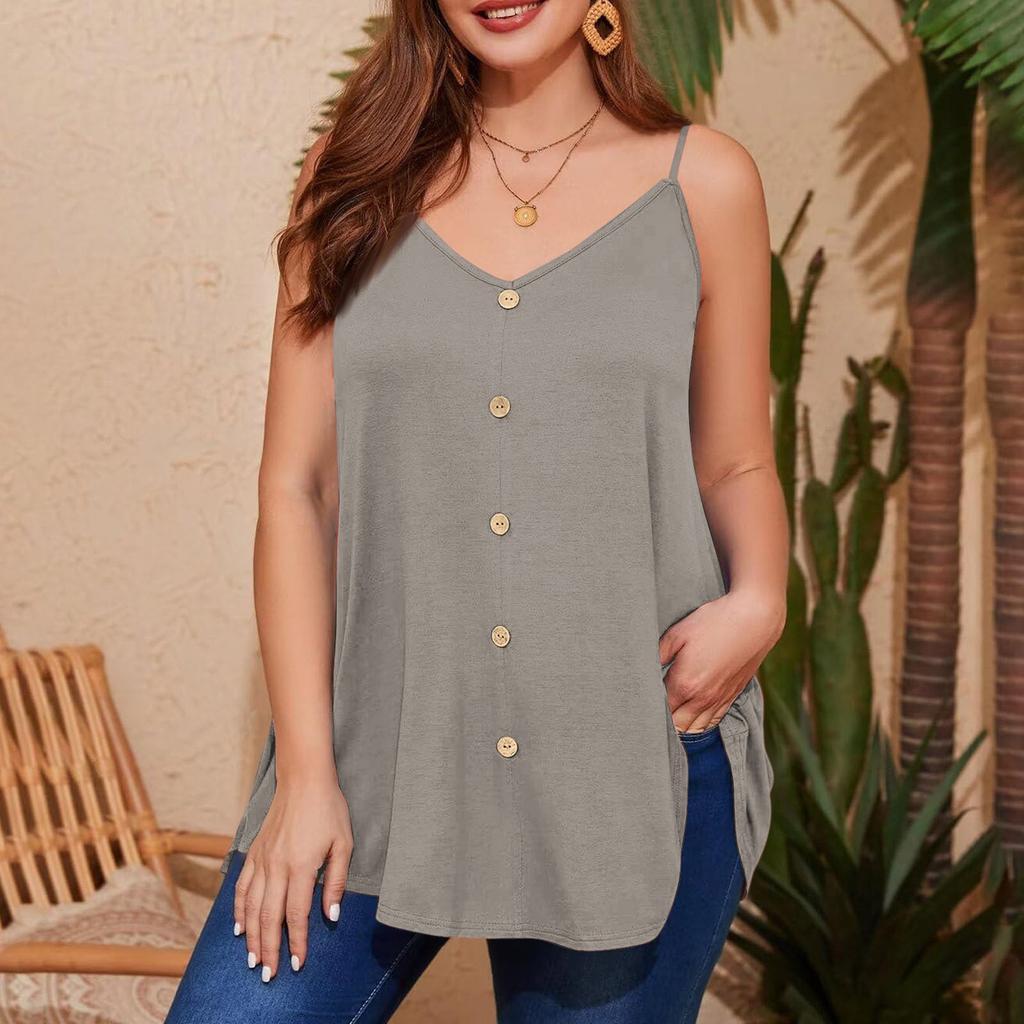 Dámská ležérní vesta plus size s nastavitelnými ramínky, top tílko bez rukávů s výstřihem do V