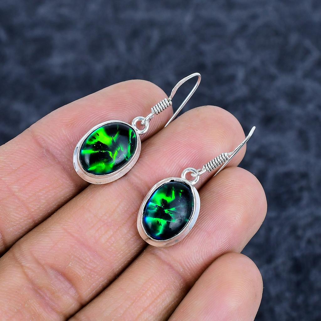 Green Triplet Opal Gemstone 925Sterling Silver Jewelry Earring 1.38" M-3144