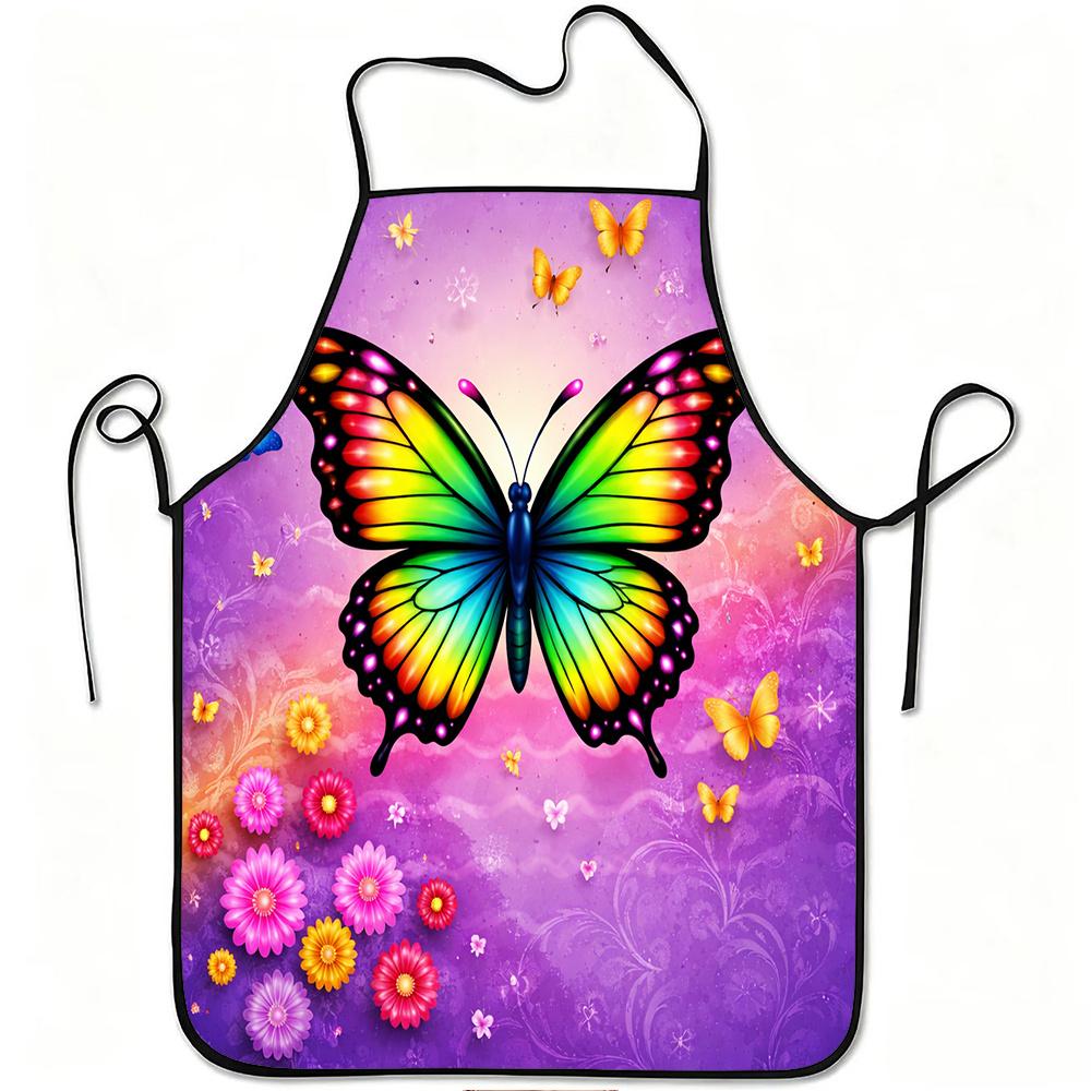 1pc Colorful Butterfly & Flower Apron with Adjustable Waistband - Durable Easy-Clean Polyester Suitable for Kitchen Cooking, Gardening, Picking, Chris