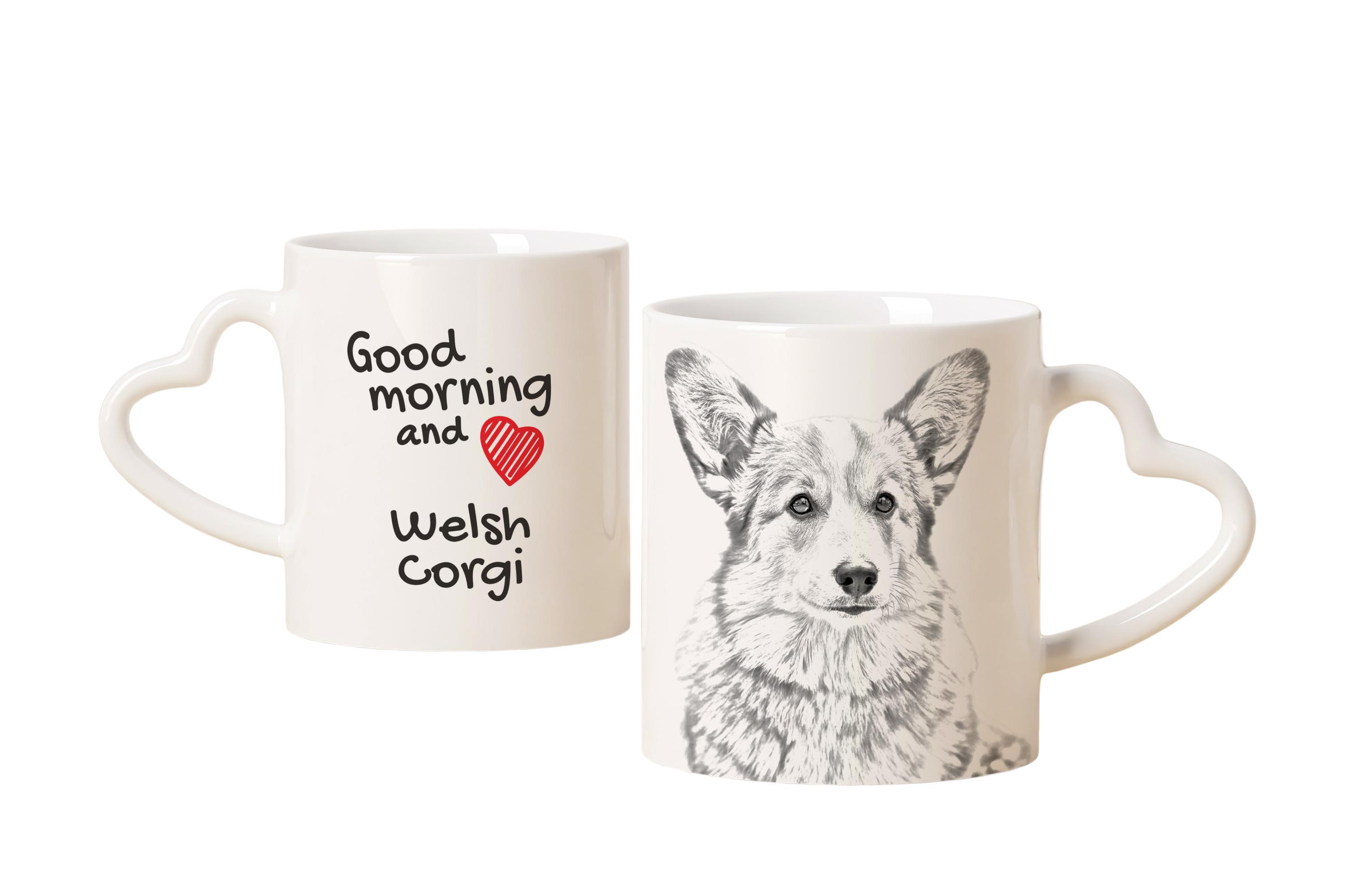 

Pembroke Welsh Corgi - cup with a dog, adorable cup with a heart-shaped handle, universal gift from the Art-Dog brand білий