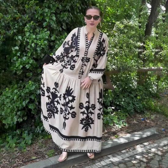Lady Spring Maxi Dress V Neck Retro Contrast Color Printed Long Sleeves Loose Single-breasted A-line Patchwork Casual Daily Dress