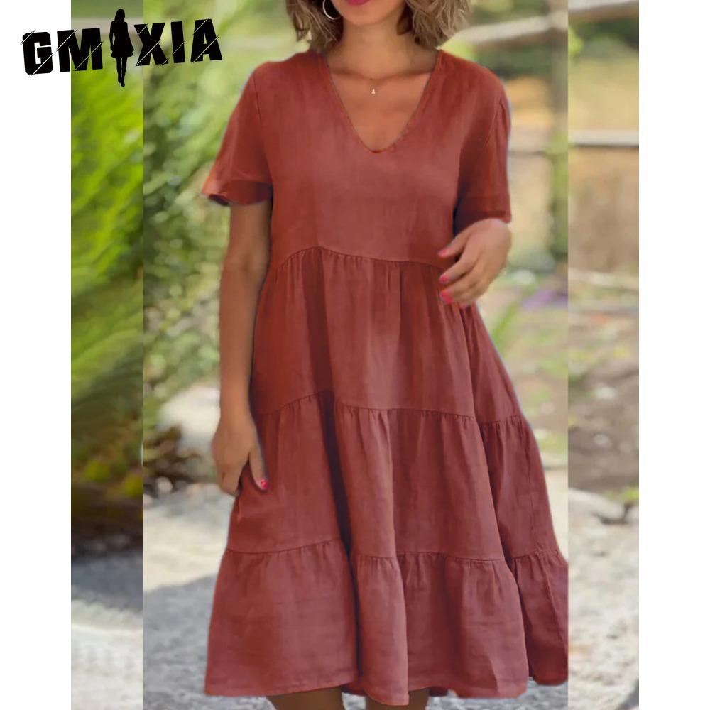 

GMXIA Women Fashion Summer Spring Fresh and Cute Solid Color Print Short Sleeve V-neck Big Loose Casual Dresses XXXL кавовий