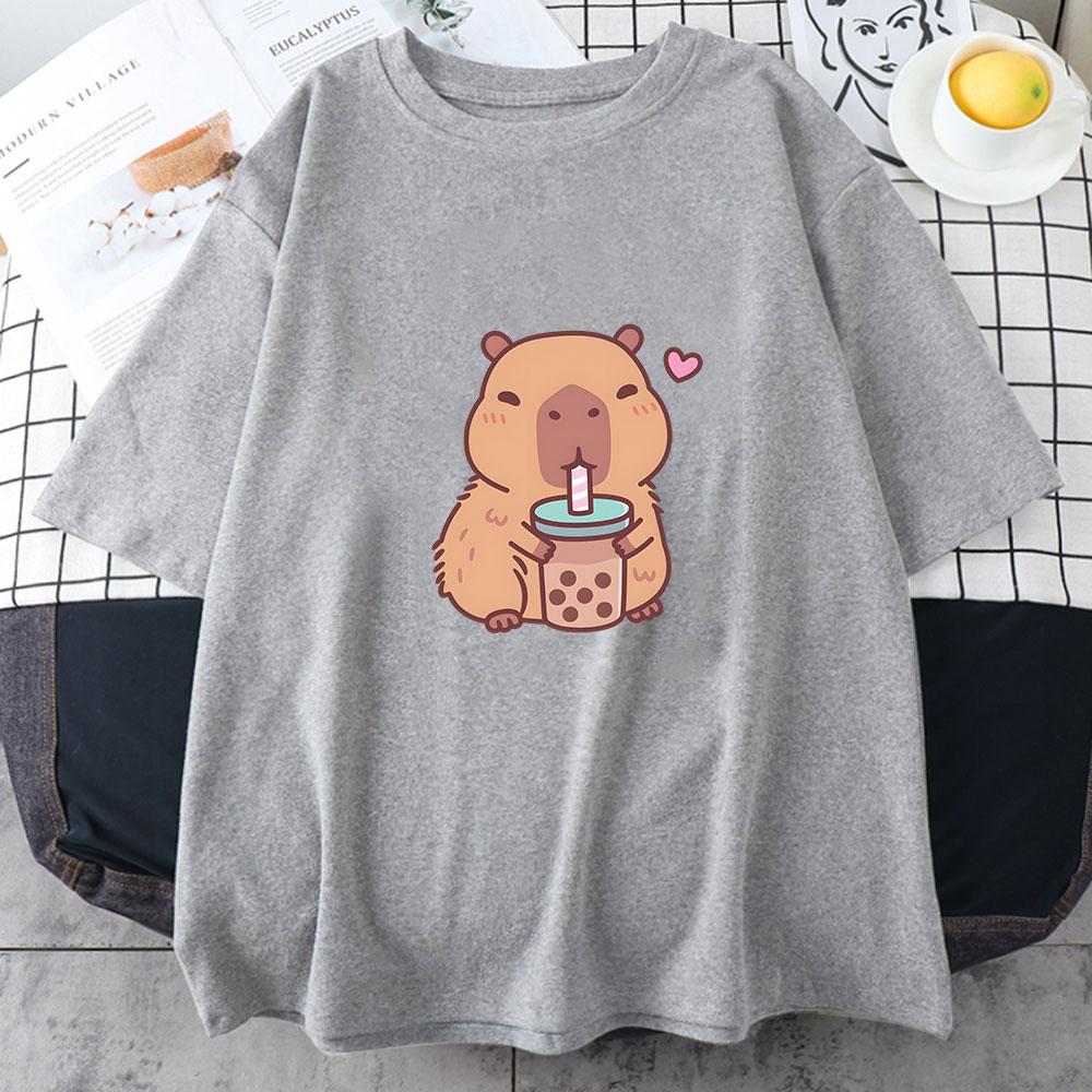 Capybara Loves Drinking Bubble Tea Tricou 100% Bumbac Haine de vară Casual Femei/Bărbați Tricou Kawaii Drăguțe Fete Cămăși Moda