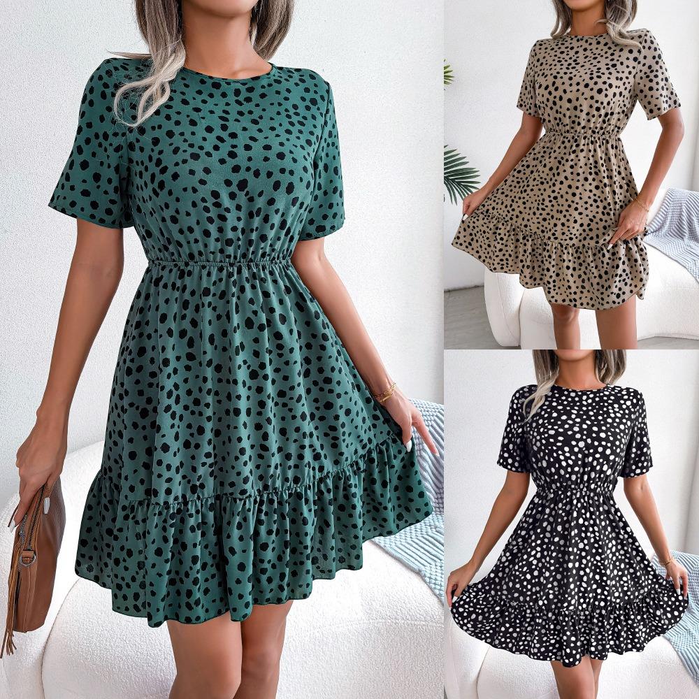 

New Women s Casual Polka Dot Waist-slimming Ruffle Hemmed Dresses S зелений