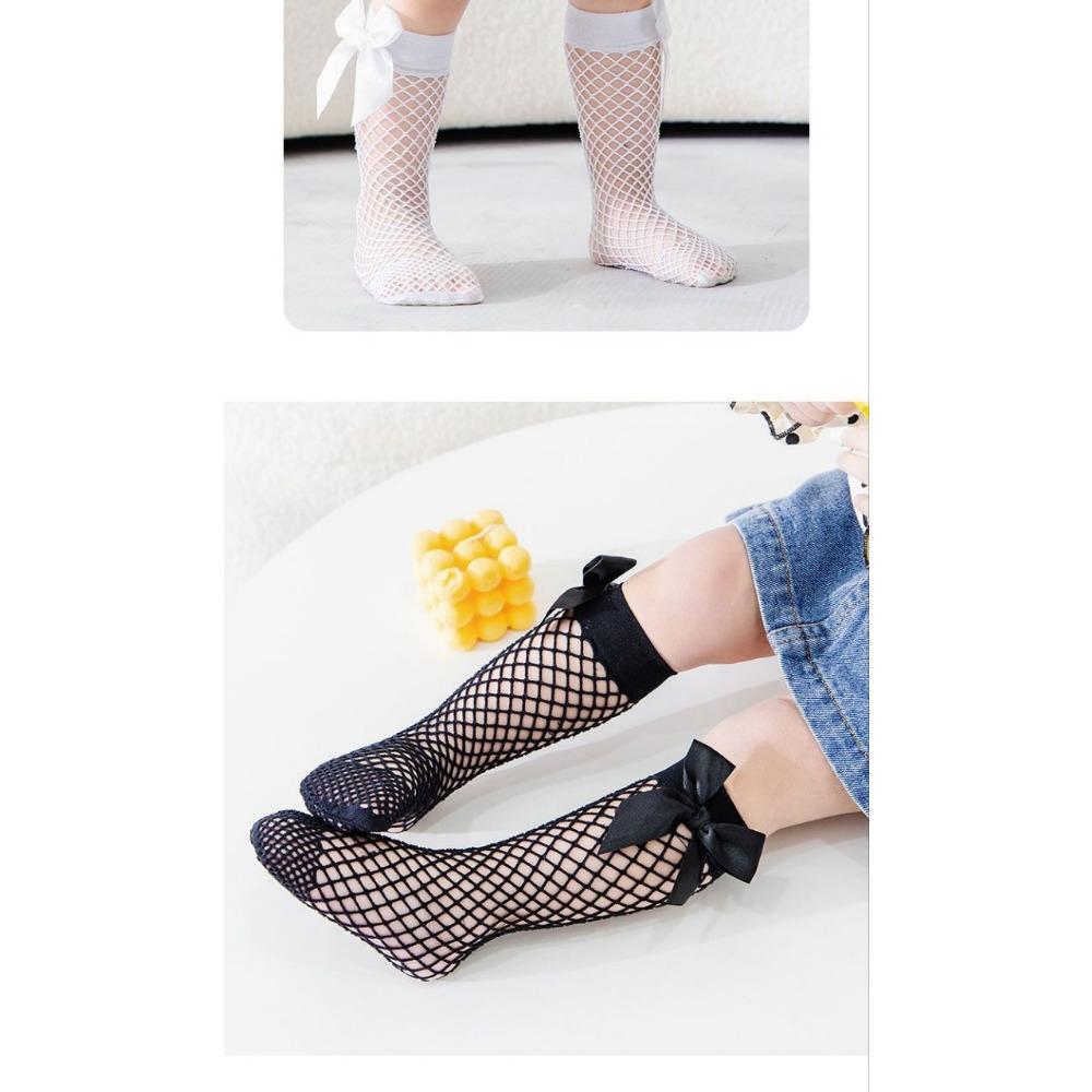 Spring Parent-child Small and Medium Grid Fishing Net Socks, Sexy Big Bow Women's Net Socks, New Medium and Long Socks.