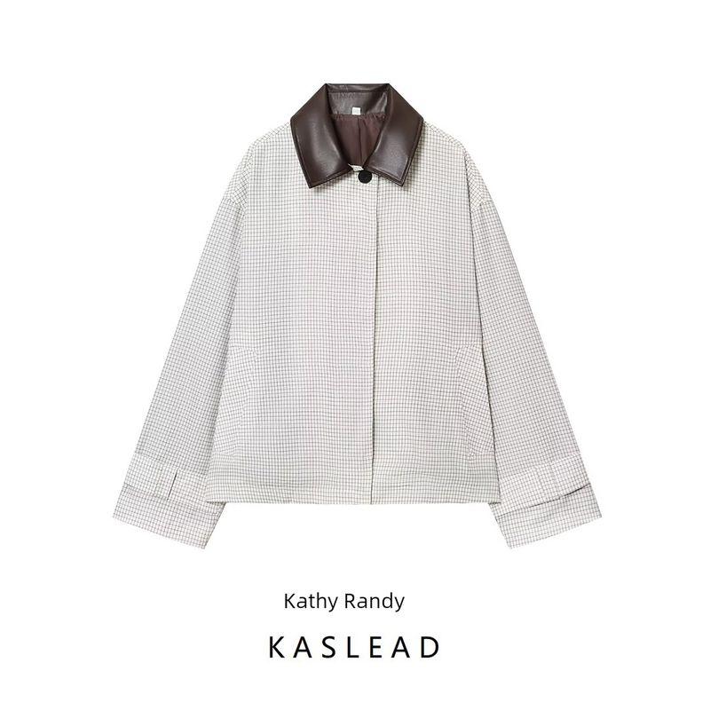 Kaslead New Women clothes Western Style Fashion Simple Leather Collar Short Trench coat 3811248