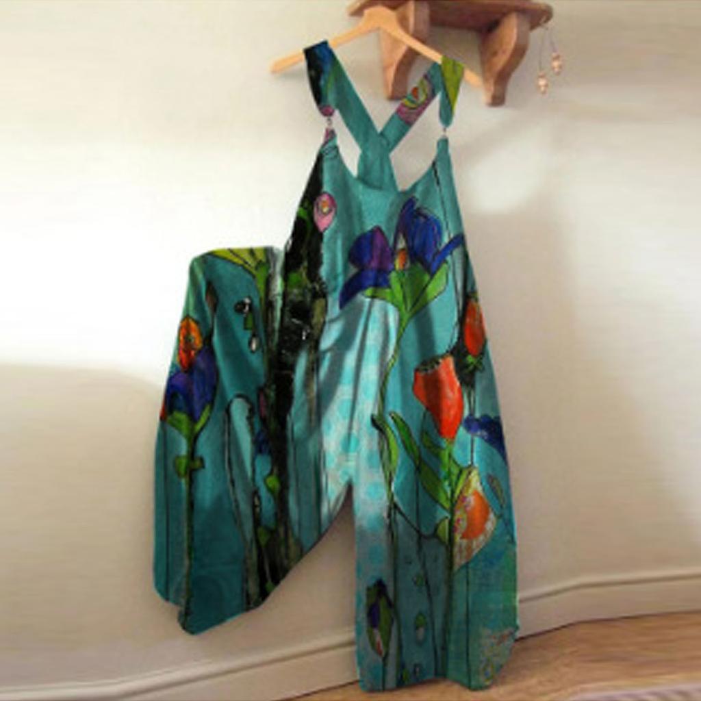 Women's Plus Size Fashion Printed Loose Casual Strap Back Wide Leg Jumpsuit