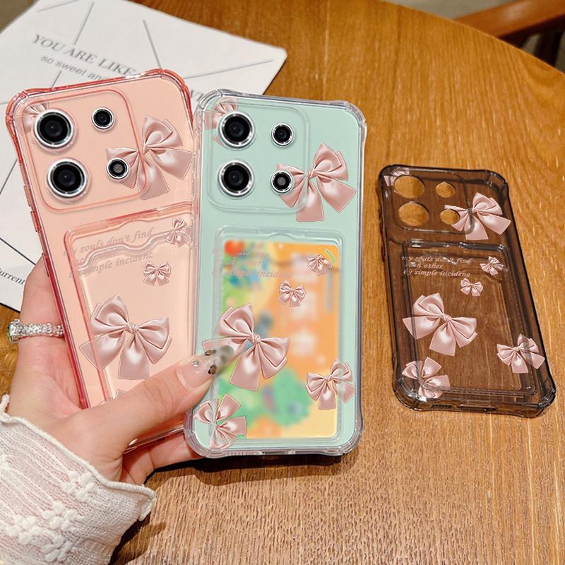 Bowknot Pattern Card Slot Clear Phone Case For Xiaomi 14T 13T Pro Poco F6 Pro X6 C65 Redmi Note 13 Pro 12 11 Soft Silicone Shockproof Bumper Cover