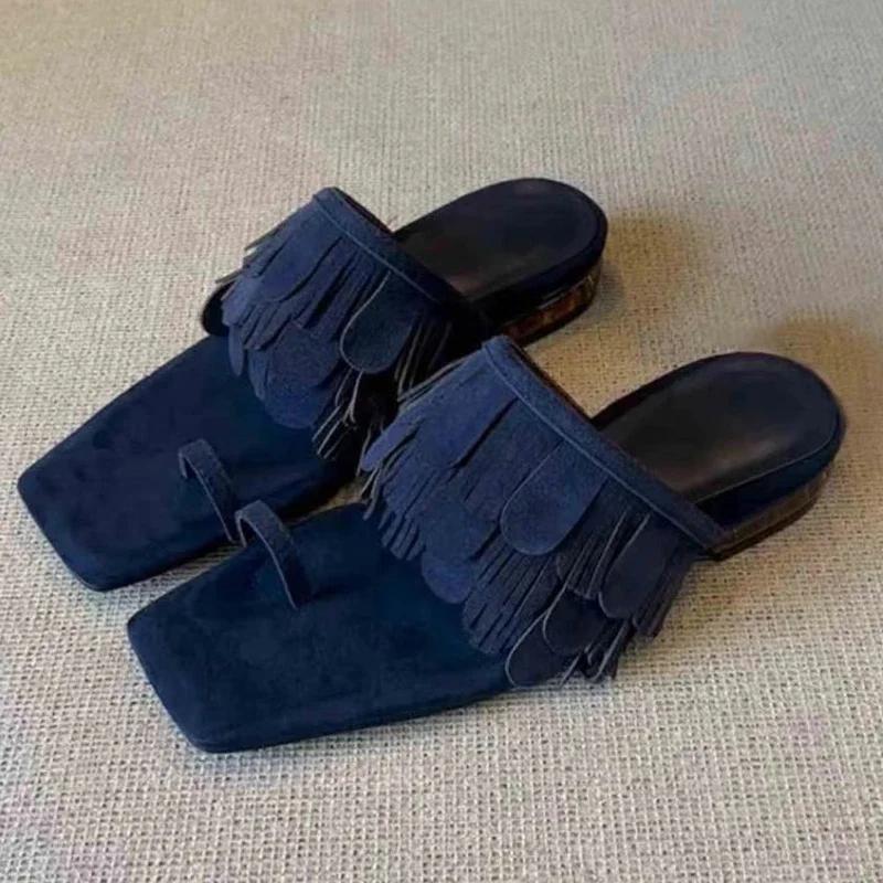 

Fashion Fashion Tassel Clip Toe Design Slippers Women Fashion Square Toe Low Heel Flip Flops Comfortable Elegant Faux Suede Beach Sandal 40 синий