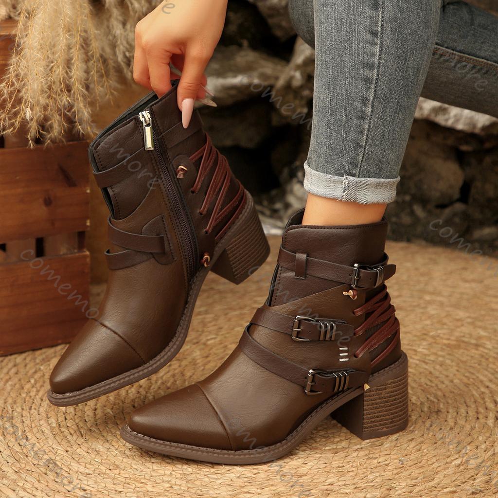 Fashion Comemore Vintage Belt Buckle Short Fashion Boots Women Chunky Heel Side Zipper Women's Shoes Gladiator Knight Botines Femininos
