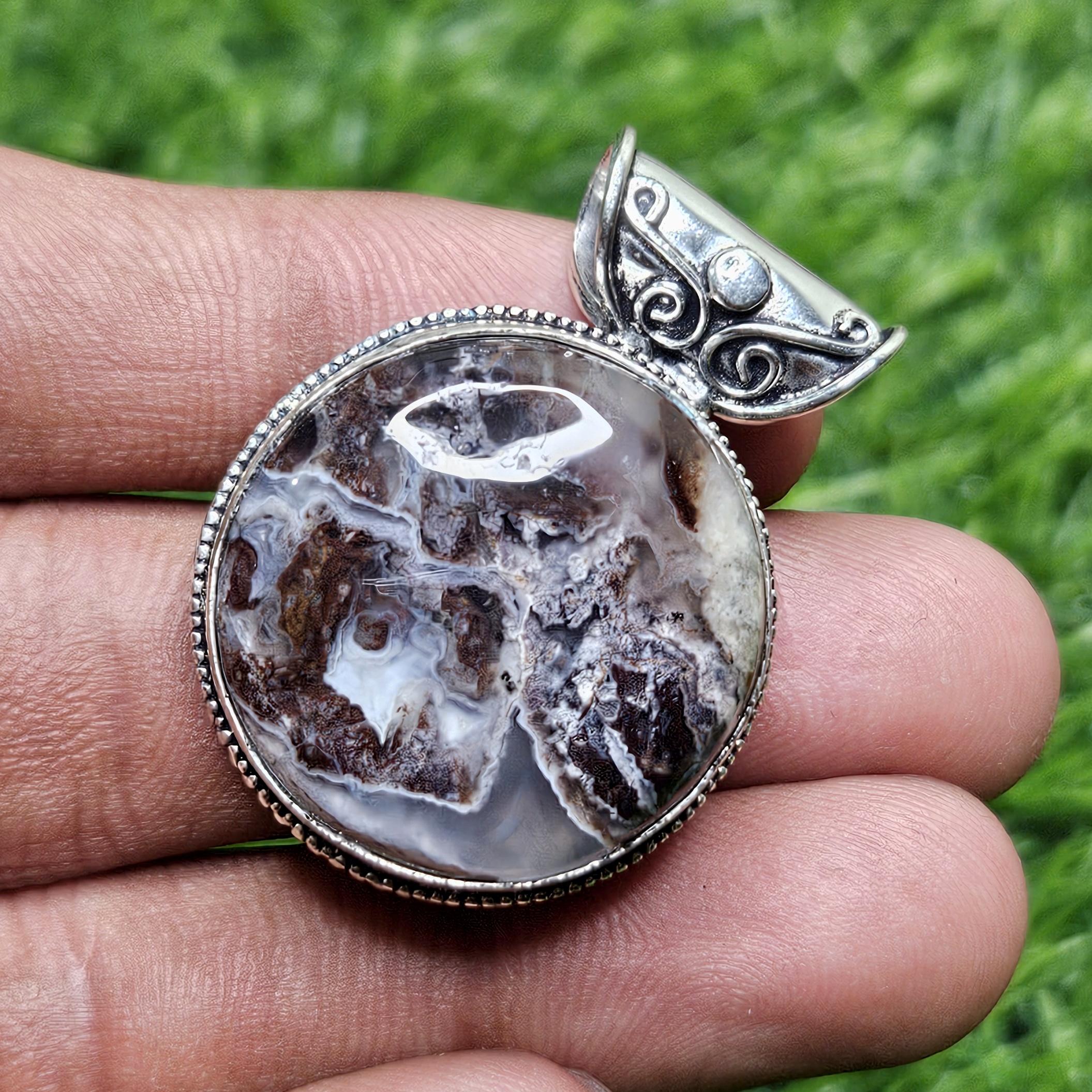 

Подвеска из натурального кокосового яшма, серебряная подвеска 925 пробы, подвеска с драгоценным камнем, круглая подвеска, подарок для нее коричневый