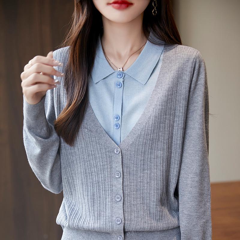 Women's 2024 French Retro Two-Piece Knit Cardigan with POLO Collar - Color Block Loose Sweater Top