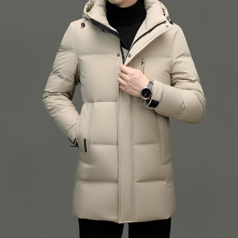 Mens Winter Down Coat 90% White Duck Mid-Length Removable Hood Casual Warm Outerwear