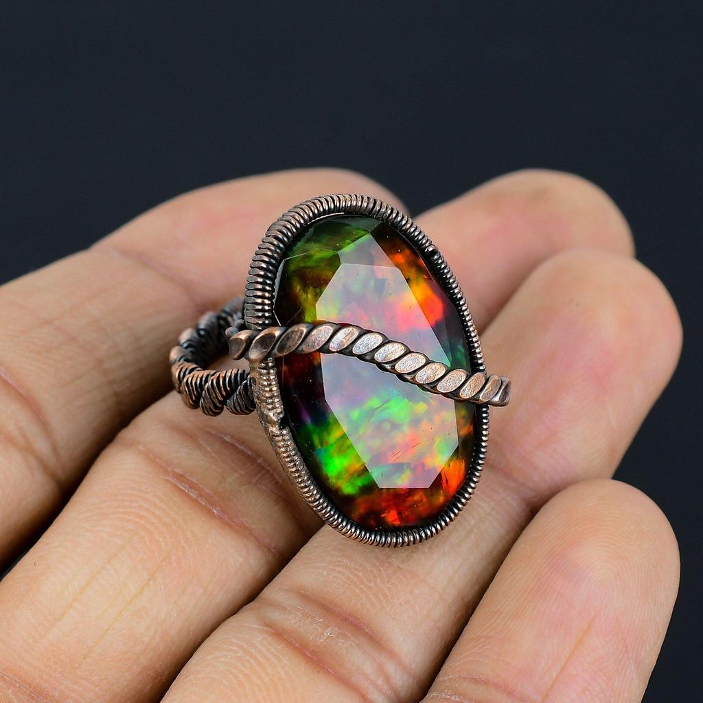 Ammolite Gemstone Copper Wire Wrapped Handmade Jewelry Ring All Size