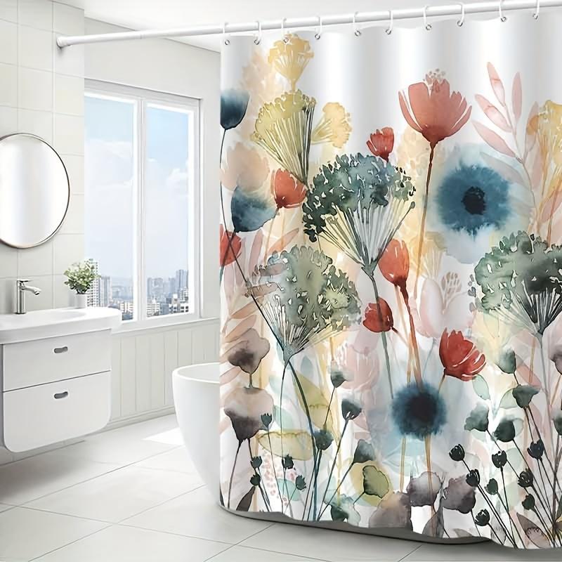 1pc Elegant Floral Ink Wash Painting Shower Curtain, High-End Polyester Bathroom Decor with Hooks, Machine Washable