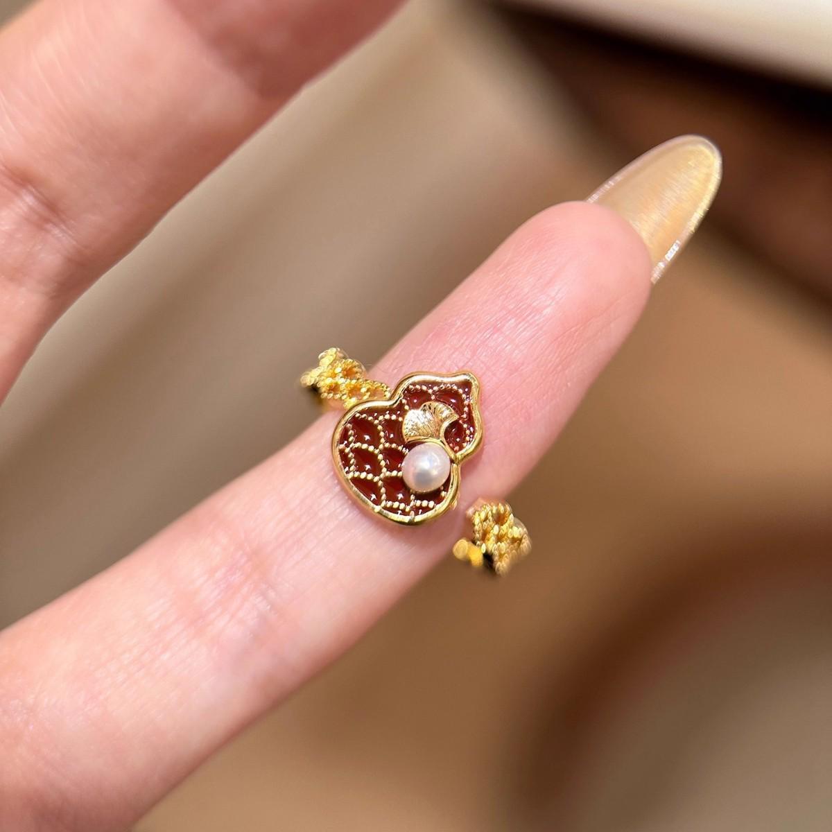 Retro Red Dragon Scale Pearl Gourd Ring – Women s Exquisite Light Luxury, High-End Autumn/Winter Open Design