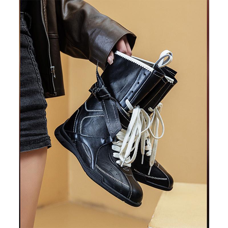 Fashion Spring Autumn Shoes Women Mid-Calf Boots Non-slip Retro Style Soft Comfortable High Top Ladies Height Increasing Shoes 5cm D528