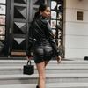 New Autumn and Winter PU Leather Fashion Sexy Dress Women Slim Fit Shoulder Pad Pleated Black Dresses Women Long Sleeve Casual Lady Party Dress 25842