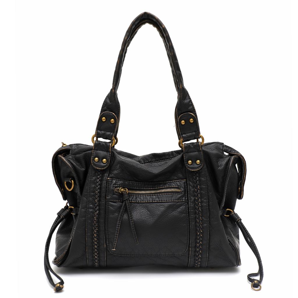 Vintage Washed PU Leather Large Capacity Tote Zip Pockets Braid Decor Shoulder Cross body Bag Unisex Women Daily Travel Handbag