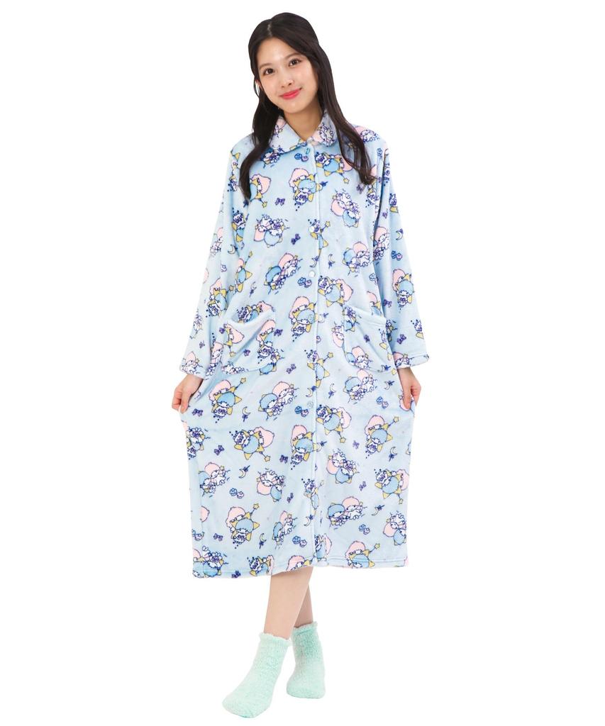 SAZAC KikiLala Nightgown Pajama Dress, Women's, Fluffy Twin Stars Print, Long Sleeve, Open Front, Fall/Winter Flannel Loungewear (Sax/M-L/san1983)
