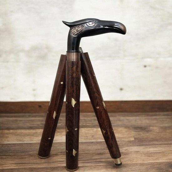 Handmade Wooden Walking Cane Eagle Head Handle  Brass Inlay  Foldable 3-Piece Cane