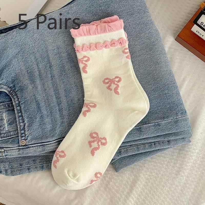 5 Pairs of Female Spring and Summer New Sweet Fashion Ballet Wind Bow In Tube Socks