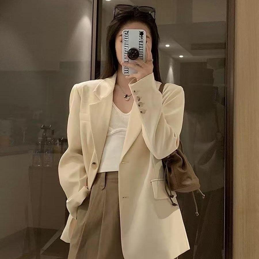 Korean Style White Blazer Loose Fit Spring Fall Jacket for Petite Women Casual Office Outfit