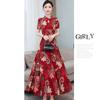 Women Cheongsam Dress Hollowed Stand-up Collar Short Sleeve High Waist Retro Ethnic Printing Skirt
