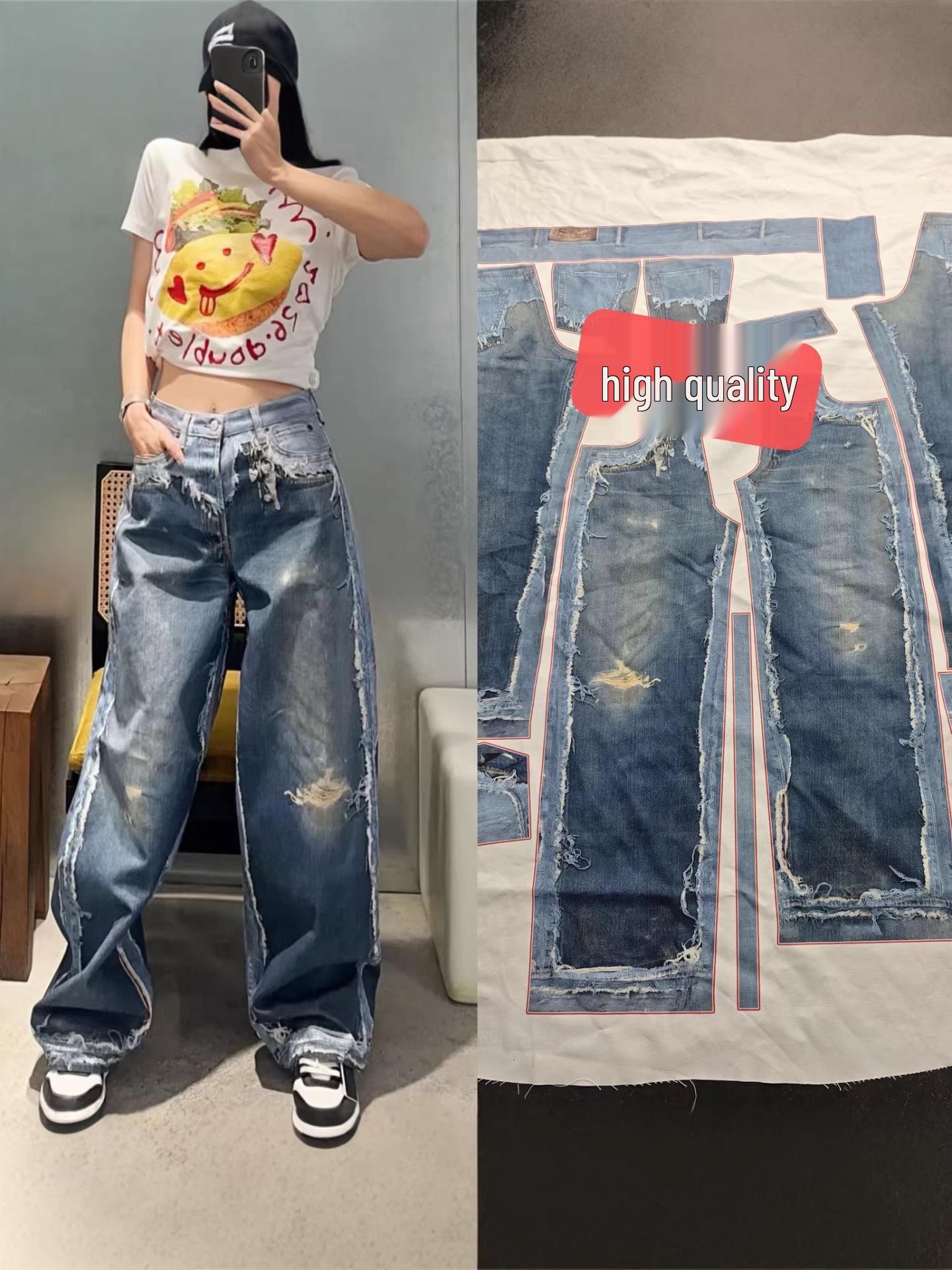 

Wu Xuanyi Inspired 3D Printed Distressed Tassel Wide-Leg Jeans for Women - Spring/Summer Collection Medium синий