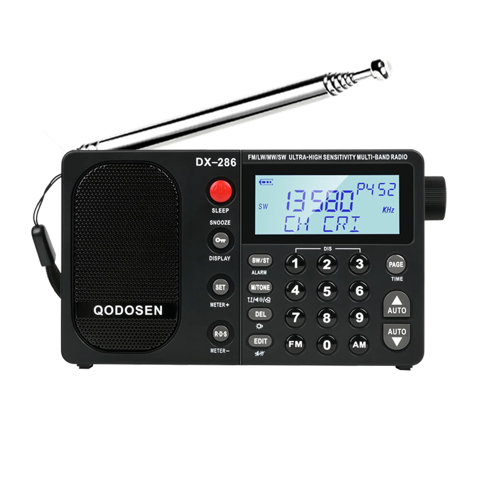 

QODOSEN Radio Ultra High Performance Stereo Home Outdoor Portable High Sensitivity Fits in your Wheel Alarm Clock DX-286 Compact, FM/LW/AM/Shortwave чорний
