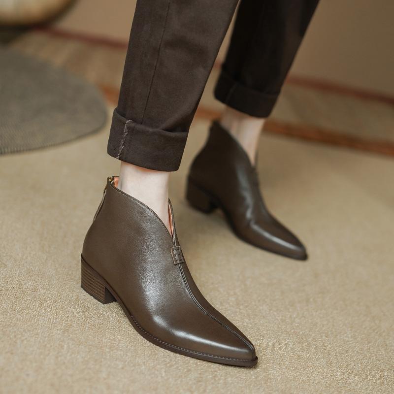 2024 Women Ankle Boots Autumn Winter Basic Genuine Leather Shoes Woman Thick Heels Office Lady Working Short Boots Women Shoes