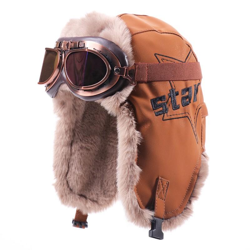 Winter Fleece-lined Aviator Hat With Goggles Retro Pilot Cap Warm Ear Protection Unisex